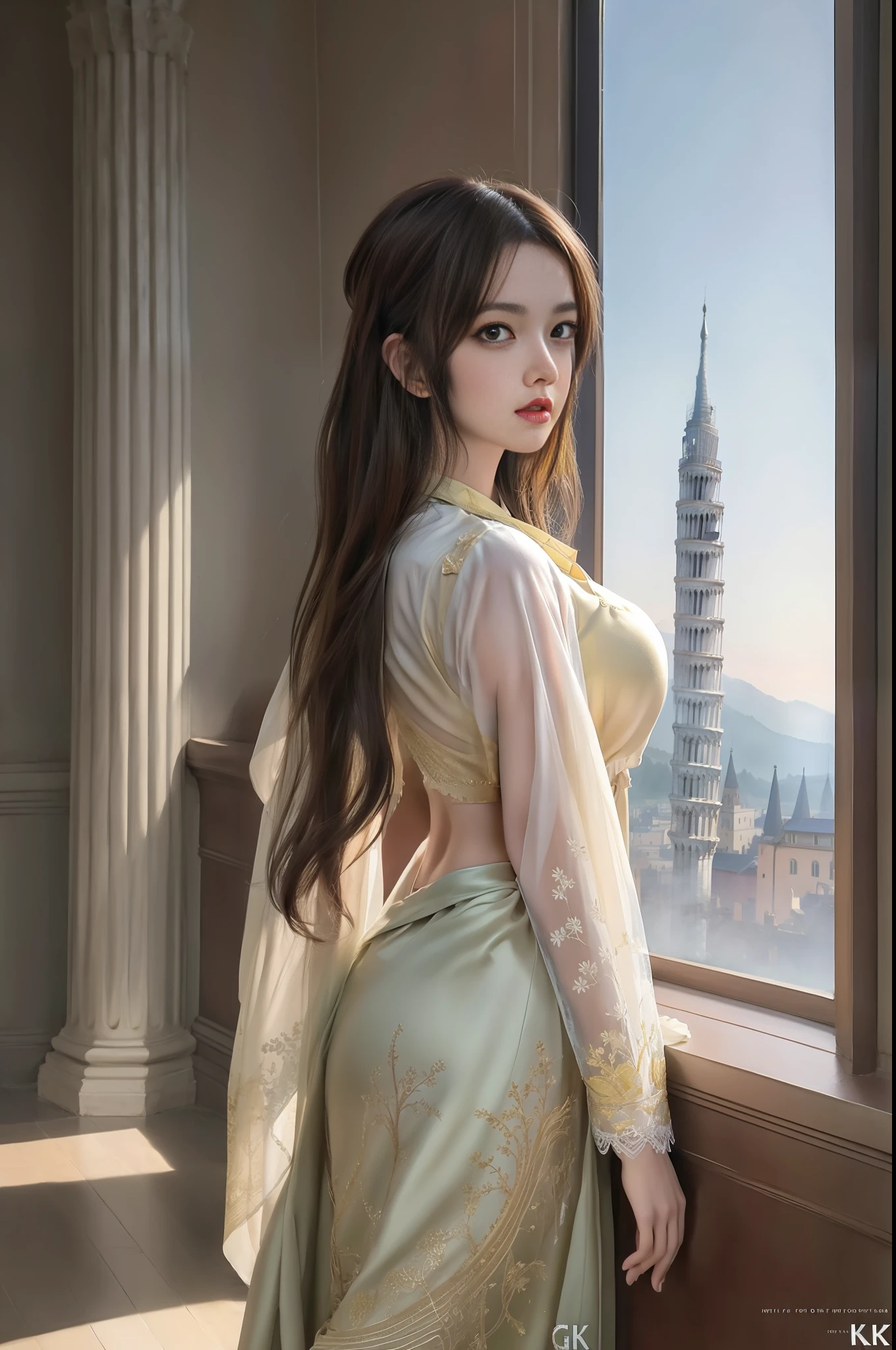 modelshoot style, (extremely detailed CG unity 8k wallpaper),full shot body photo of the most beautiful artwork in the world, stunningly beautiful photo realistic cute women intricately detailed costume, navel,princess eyes,(Leaning Tower Of Pisa background), professional majestic oil painting by Ed Blinkey, Atey Ghailan, Studio Ghibli, by Jeremy Mann, Greg Manchess, Antonio Moro, trending on ArtStation, trending on CGSociety, Intricate, High Detail, Sharp focus, dramatic, photorealistic painting art by midjourney and greg rutkowski