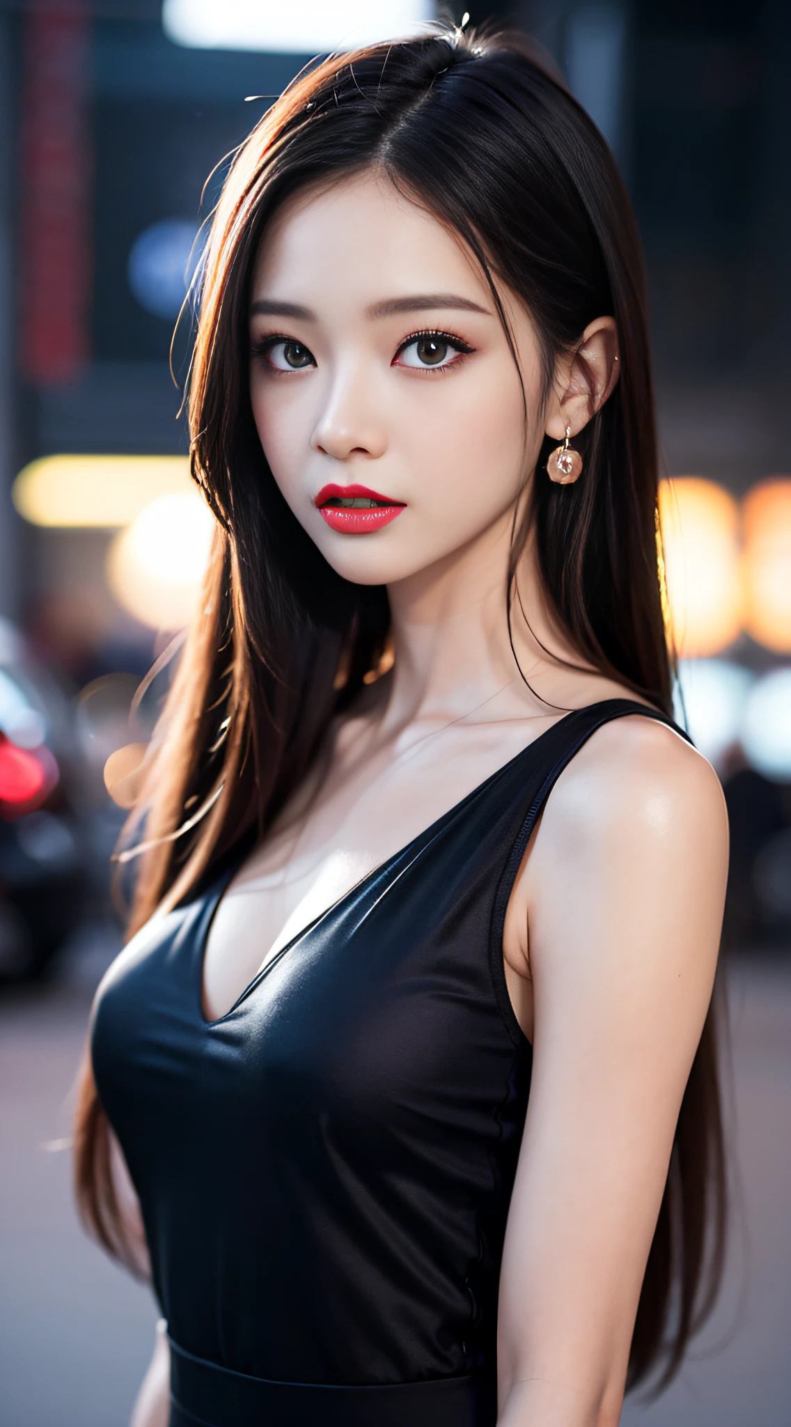 A girl, long hair, half picture, city, future, science fiction, black silk, shorts, night scene, midnight, blue light, neon, night, face close-up, delicate features, beautiful girl, beauty, charming,fashi-girl,red lips,realistic,makeup,