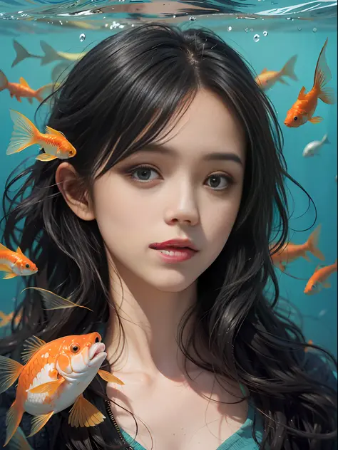 Beautiful girl playing with a bowl of water or fish, Gamine, is playing  happily, Fish, swirling schools of silver fish - SeaArt AI