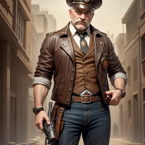 UmHome Detective, Conceptual Art, Realism, Godley, Film Lighting, Multiview, Canon, UHD, High Detail, High Quality, HD, 16k, Steampunk, Strong Big Middle Aged Man, Steampunk, Vintage Pilot Goggles, Leather Jacket, Leather Vest, Leather Pants, White Shirt, ...