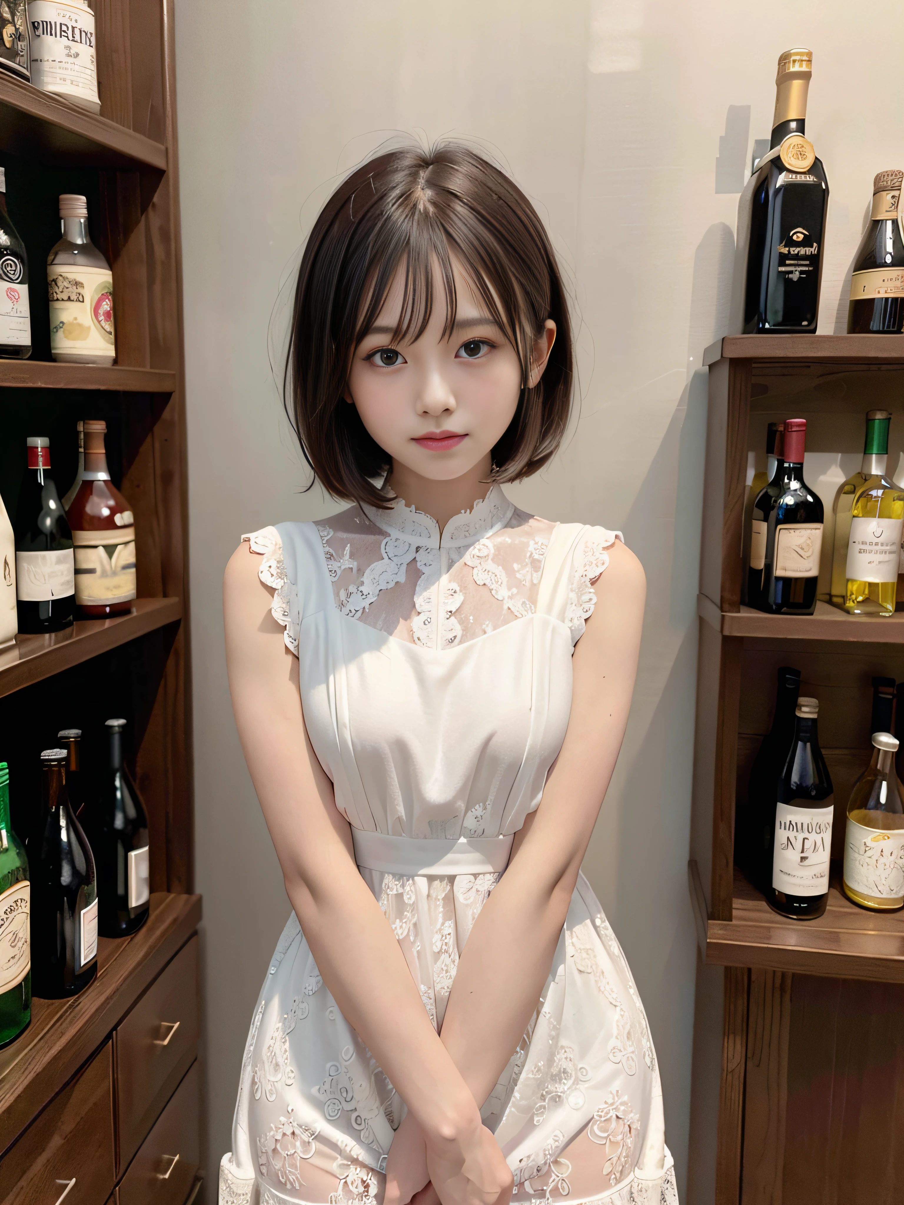 A close up of a woman in a white dress standing in front of a shelf of ...