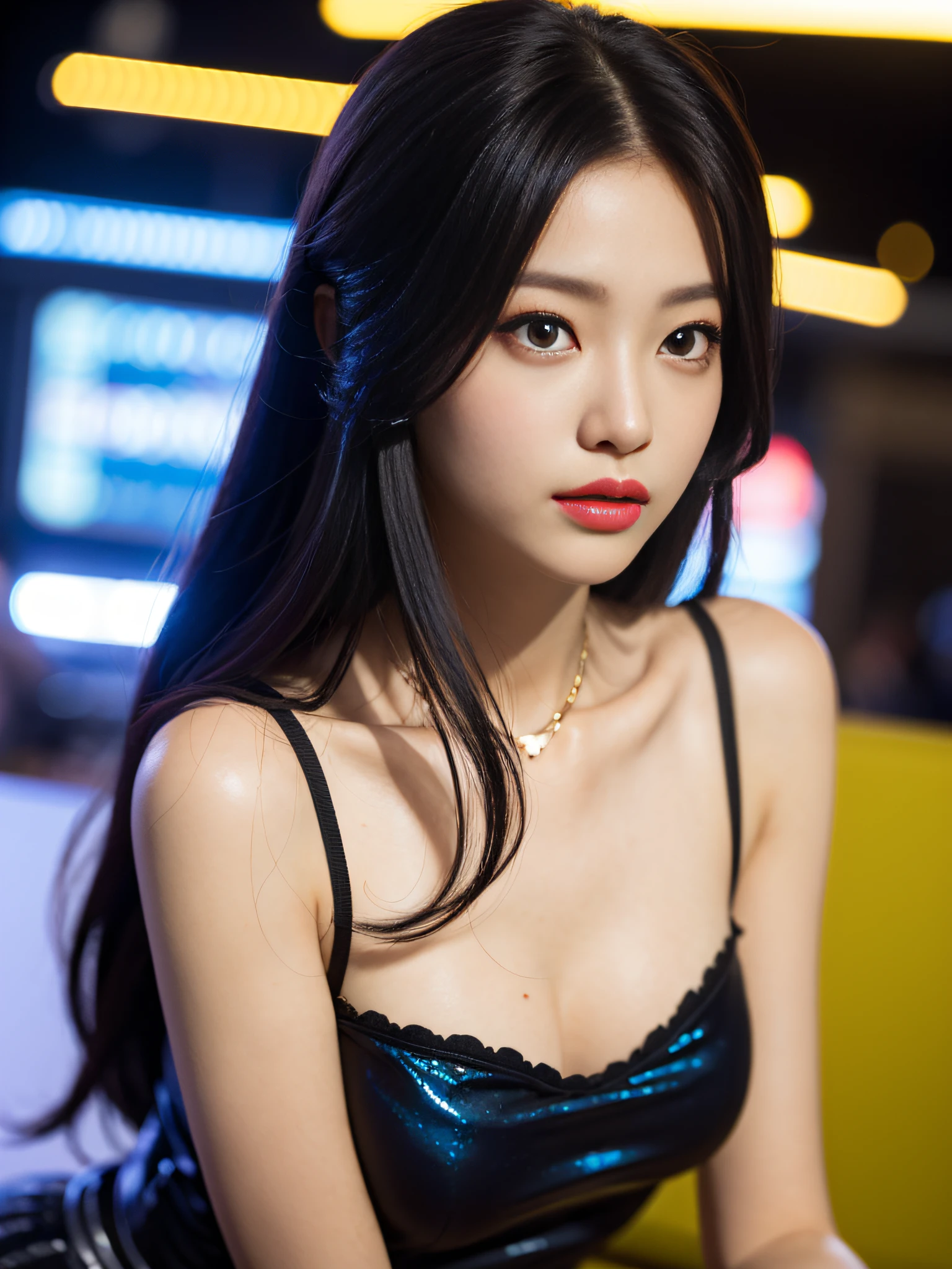 A girl, long hair, half picture, city, future, science fiction, black silk, shorts, night scene, midnight, blue light, neon, night, face close-up, delicate features, beautiful girl, beauty, charming,fashi-girl,red lips,realistic,makeup,