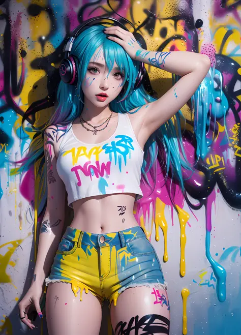 masterpiece, best quality, 1 girl, solo, crop top top, denim shorts, necklace, (graffiti:1.5), paint splash, behind arm, against...