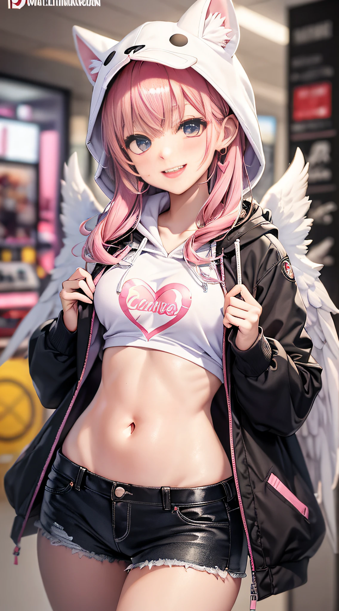 Pink hair. Long hair. Miniskirt. Parka. Earring. Angel wings. Heart-shaped vacant chest. Heart logo. A big smile. Inside the game center. White wings. Navel. Futomo. Navel out. Put on the hoodie hood. Put a hood on your head. Cherry blossom blizzard.