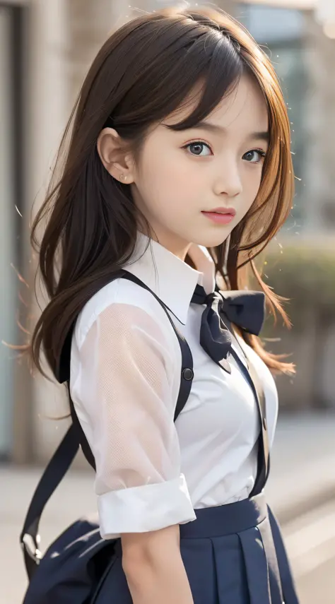 1girl, solo, (school uniform:1.4), green eyes, dress, looking_at_viewer, neck_ribbon, cute, clear facial skin, (best quality), (masterpiece:1.1)