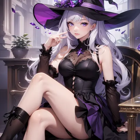 (Best Quality: 1.3), 8k, (Masterpiece: 1.3), Ultra High Definition, One Girl, (Black Dress: 1.5), (Witch: 1.5), (Purple Crystal: 1.5), (Silver Hair: 1.5), (Sitting: 1.4), Pretty Face, 18 years old,