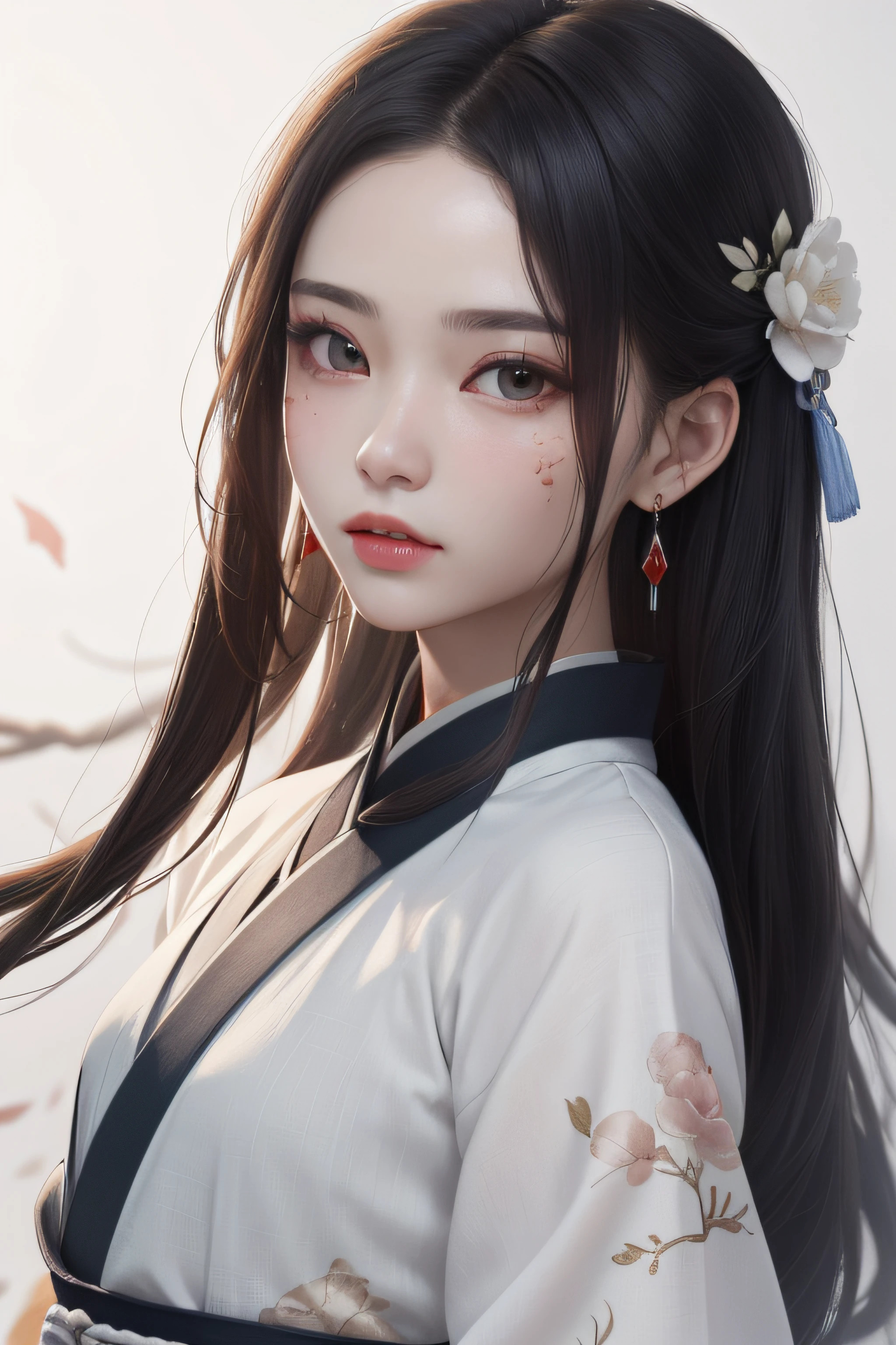 A woman with long hair wearing a white kimono and a flower in her hair ...