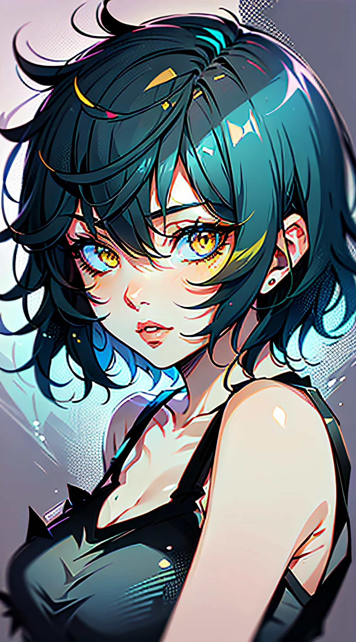 Paint_Style, 1girl, solo, looking at viewer, short hair, bangs, blue hair, collarbone, yellow eyes, parted lips, lips, eyelashes, tank top, portrait, nose
