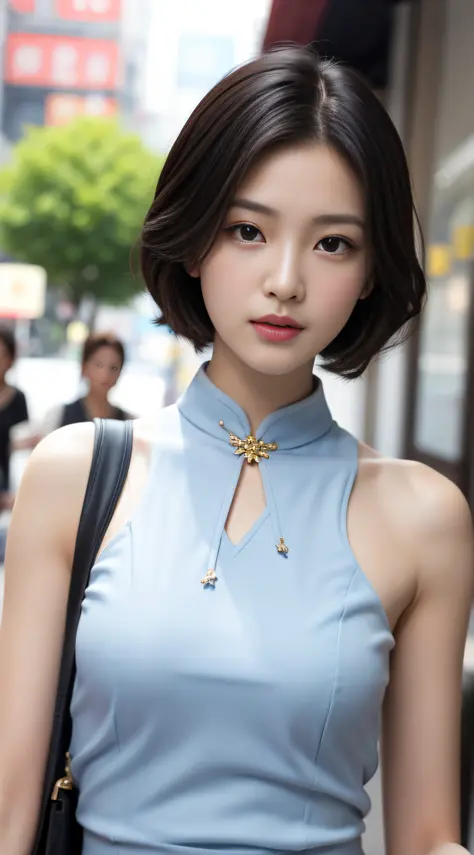 A beautiful girl, exquisite facial features, exquisite face, black Hong Kong style short hair, exquisite hairstyle, beautiful an...