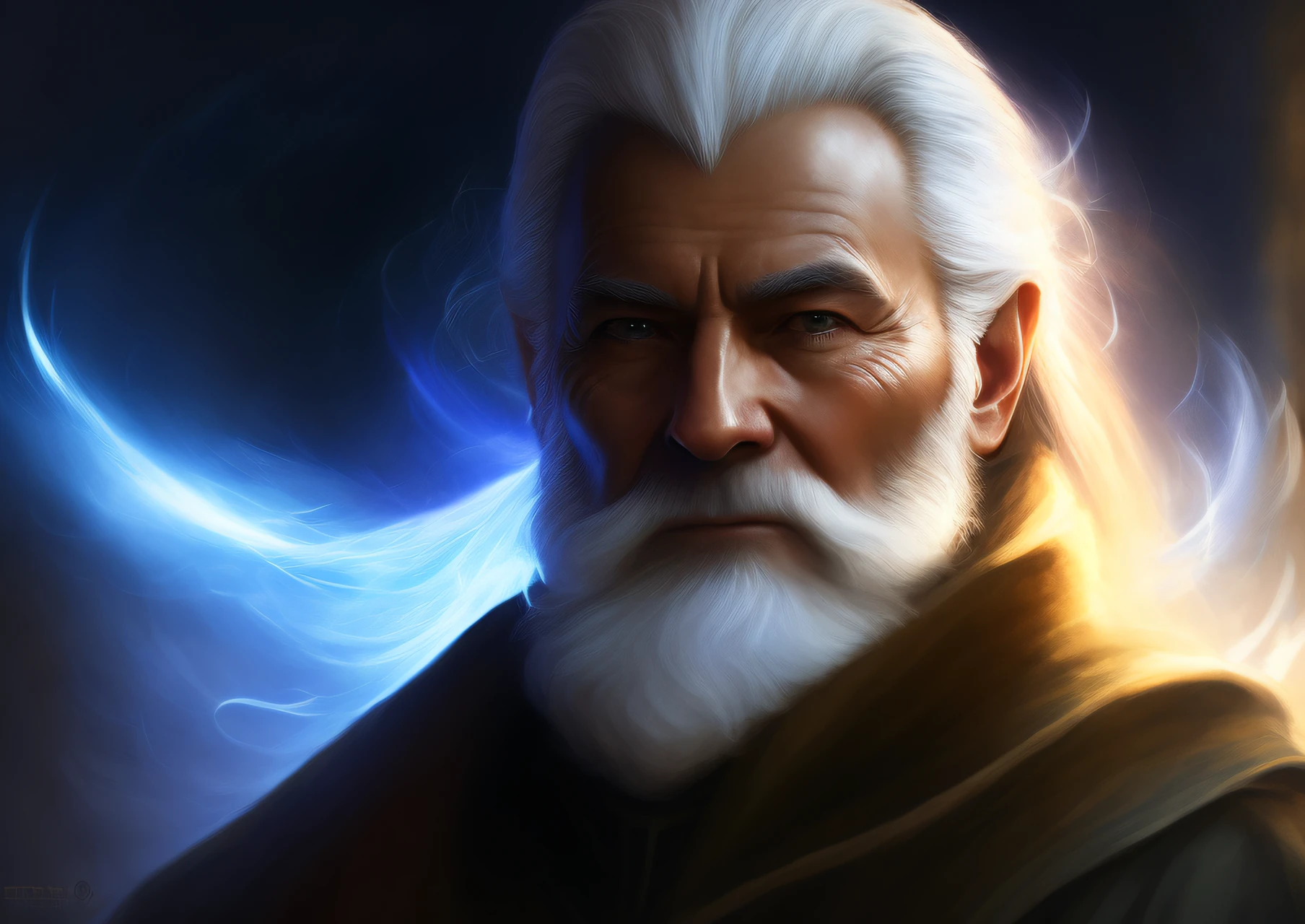 Wizard, Close Up Shot, Old Baarba, White Hair, Magic, Cinematic, Painting