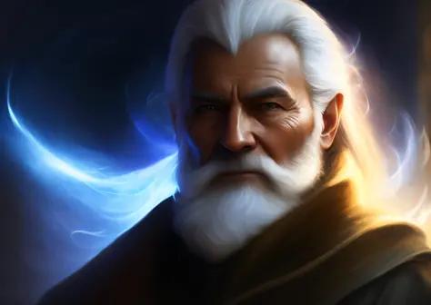 wizard, close up shot, old baarba, white hair, magic, cinematic, painting