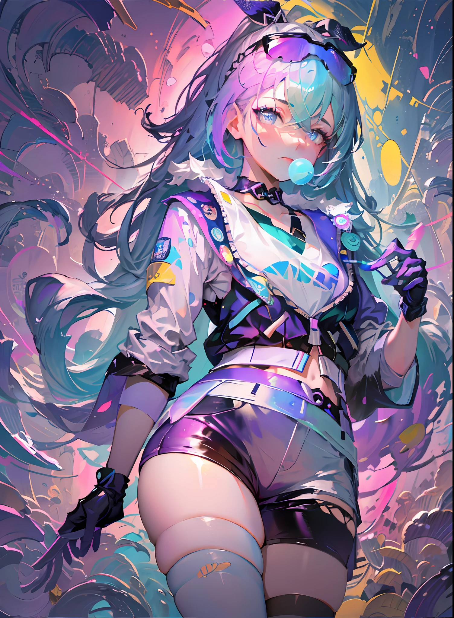 full body, 1girl, , solo, Eye focus,Masterfully crafted Glow, pink lens flare, Cinematic background,colourful, hyper details, hdr, ultra detailed eyes, mature, plump, rainbow painting drops,(supermodel:1.3), made up from paint, entirely paint, splat, splash, indoors, (bioluminescent hair:1.1),(glowing eyeakeup)), fierce, powerful, splashes of colour absolutely eye-catching, dynamic angle, beautiful detailed glow, ambient occlusion, ambient light, raytraced reflections, retro style, living arcade characters, arcade style world, gloves, jacket,weapon, shorts, black gloves, black jacket, gun, drill hair, black shorts, eyewear on head, bubble blowing, chewing gum, (Cute face:1.3), --s2