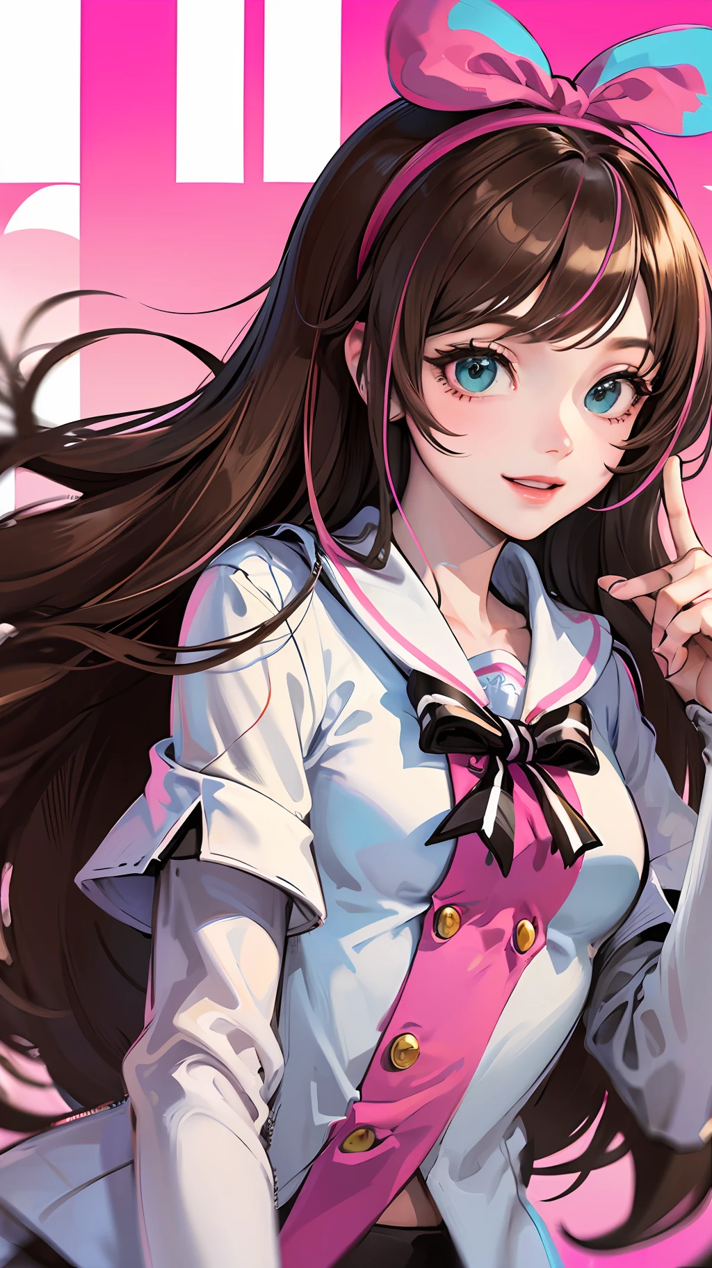 masterpiece, best quality, highres, 1girl, kizuna ai, small breasts ,long hair, brown hair, multicolored hair, floating hair, pink hairband, pink highlights, streaked hair, smiling