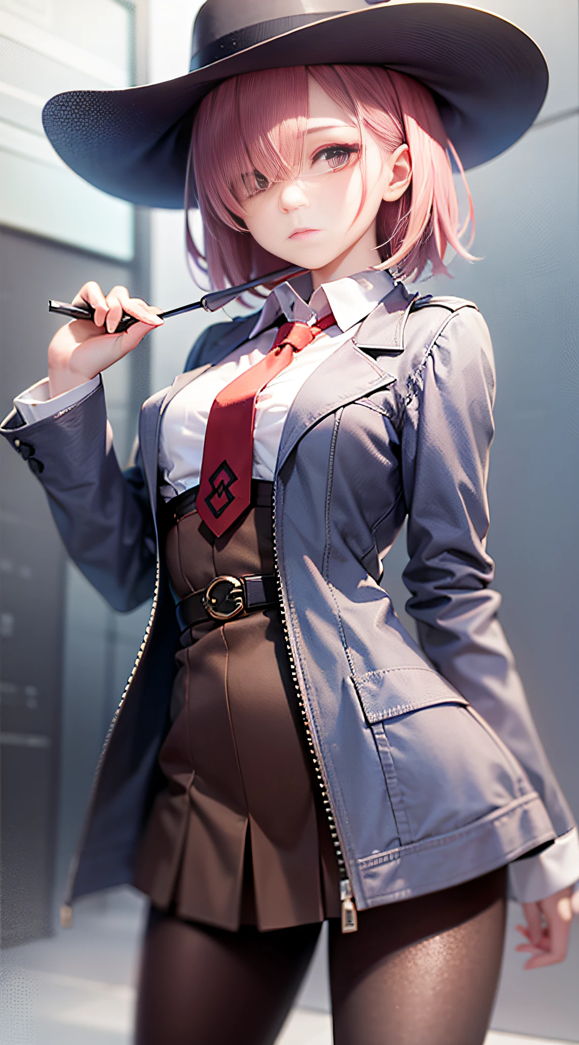 (masterpiece, best quality:1.2), cowboy shot, solo, 1girl, mash kyrielight, expressionless, closed mouth, looking at viewer, pink hair, hair over one eye, jacket, dress, necktie, pantyhose