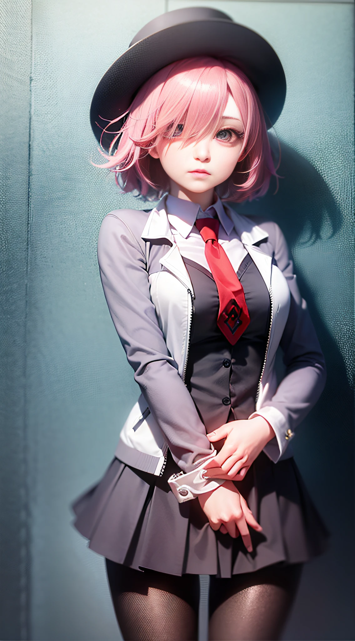 (masterpiece, best quality:1.2), cowboy shot, solo, 1girl, mash kyrielight, expressionless, closed mouth, looking at viewer, pink hair, hair over one eye, jacket, dress, necktie, pantyhose