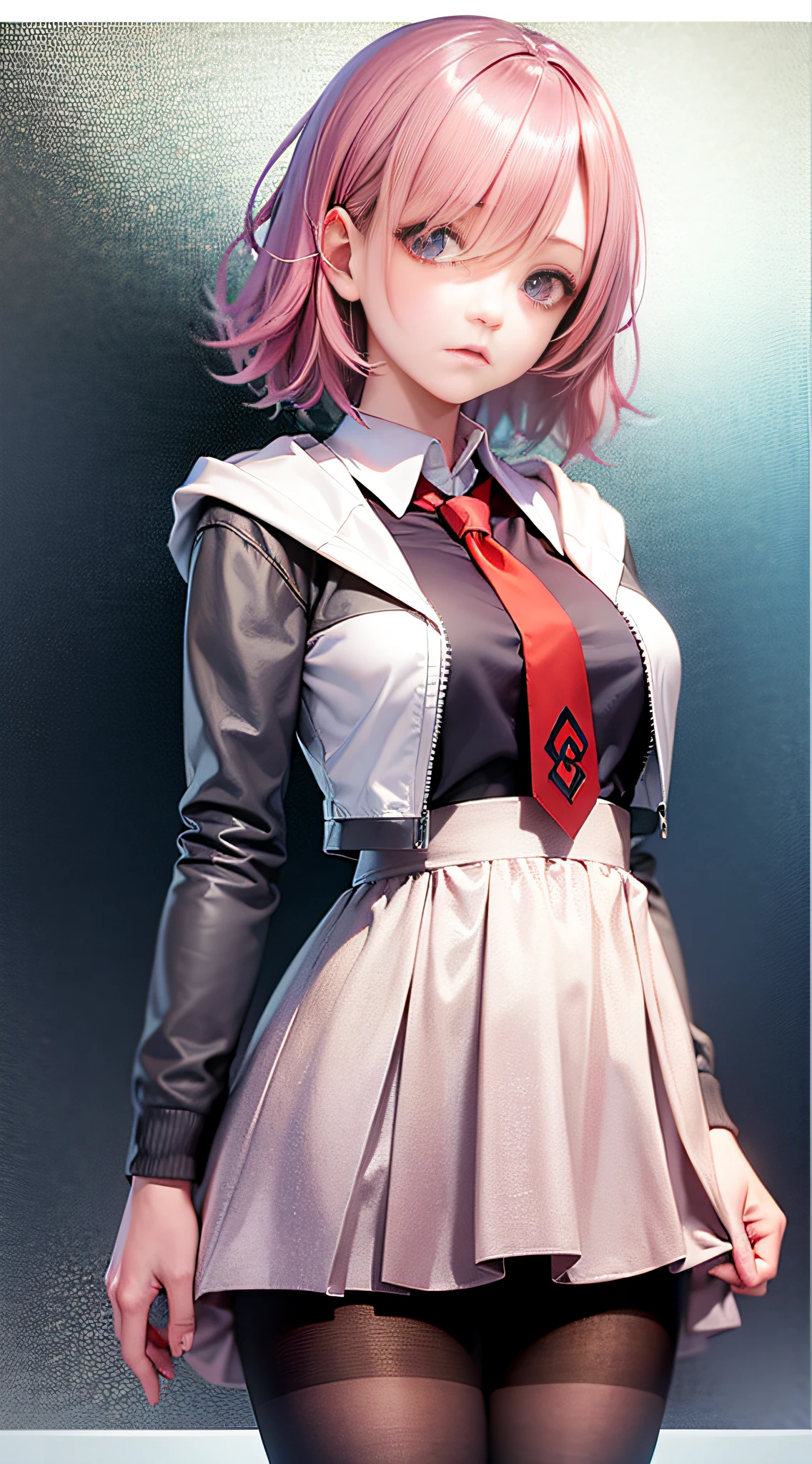 (masterpiece, best quality:1.2), cowboy shot, solo, 1girl, mash kyrielight, expressionless, closed mouth, looking at viewer, pink hair, hair over one eye, jacket, dress, necktie, pantyhose