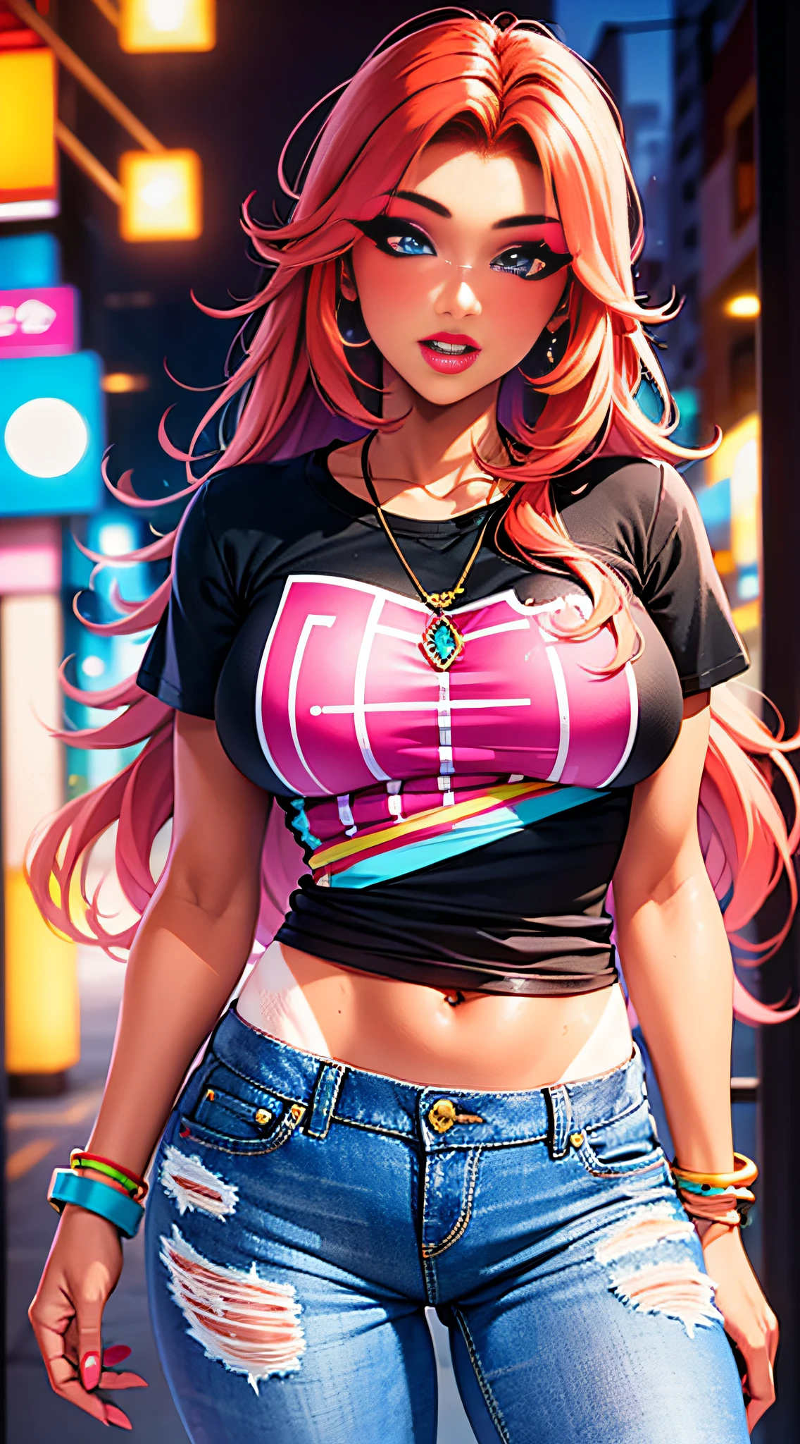 1girl, solo, transgender female, red hair,  blue eyes, tan, tan skin, ganguro, long hair, wearing a black and pink anime tshirt, denim jeans, tanlines, makeup, wristband, lipstick, jewelry