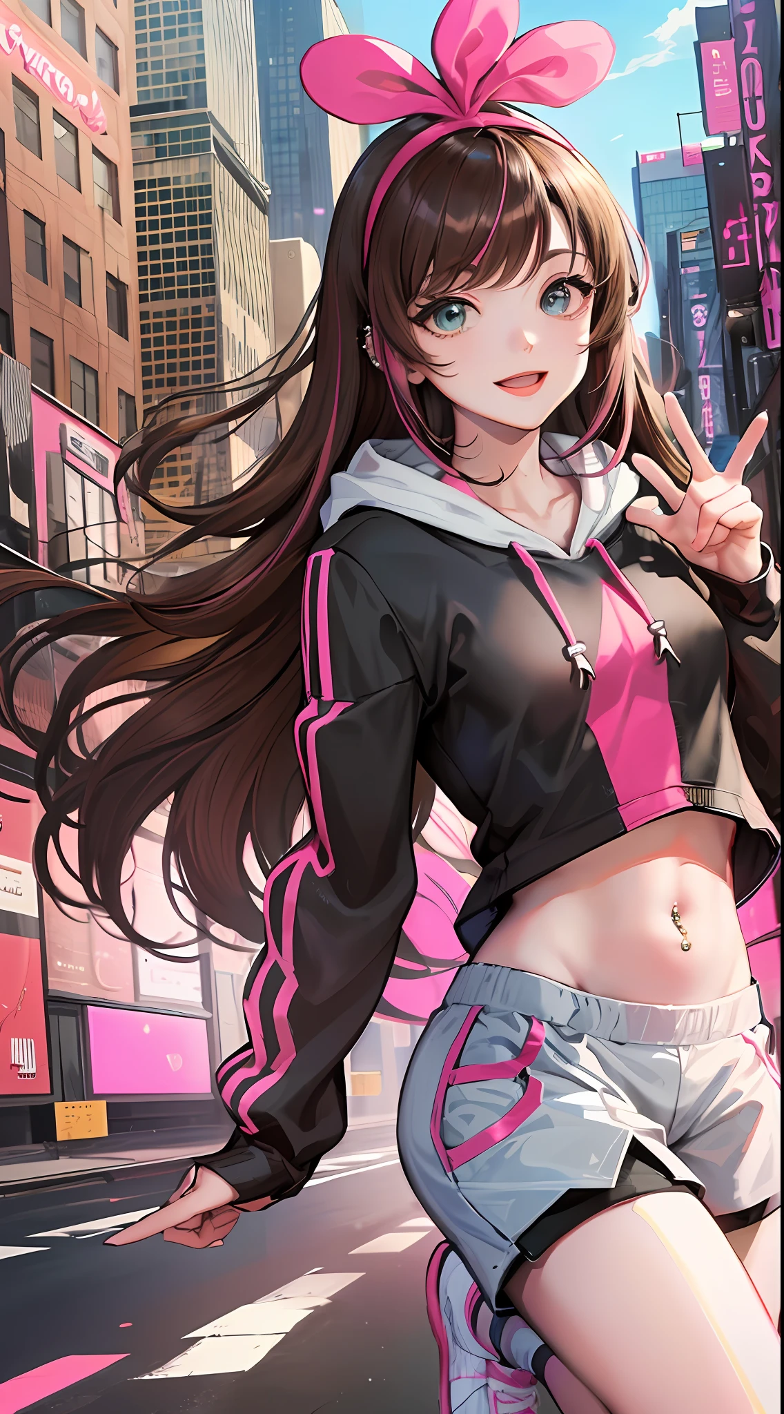 masterpiece, best quality, highres, 1girl, kizuna ai, small breasts ,long hair, brown hair, multicolored hair, floating hair, pink hairband, pink highlights, streaked hair, smiling, crop hoodie, navel, shorts, sneakers, navel piercing