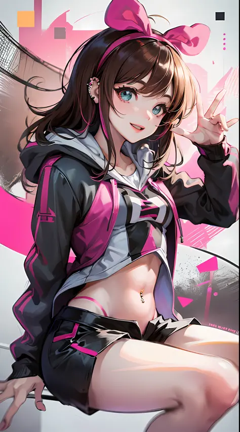 masterpiece, best quality, highres, 1girl, kizuna ai, small breasts ,long hair, brown hair, multicolored hair, floating hair, pi...