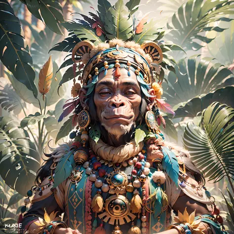 Cheerful Chimpanzee Head ((Shaman)),,((meditative state),,Shaman, elegant chimpanzee, body with detailed hair, with Indian headd...