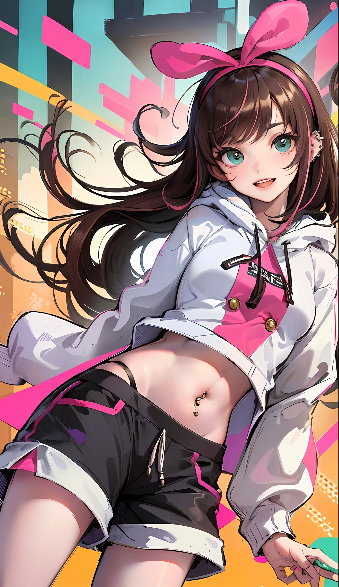 masterpiece, best quality, highres, 1girl, kizuna ai, small breasts ,long hair, brown hair, multicolored hair, floating hair, pink hairband, pink highlights, streaked hair, smiling, crop hoodie, navel, shorts, sneakers, navel piercing, thong