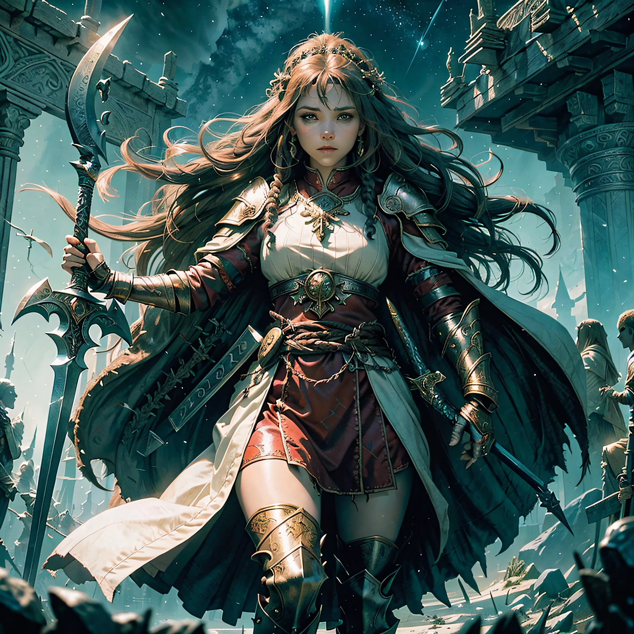 Ultra-high definition, 4k, fantasy art, one dwarf, female, intense details, cleric, intense details, with heavy white plait mail armor, holding a holy symbol, armed with a sword, radiates magic, red long braided hair, green eyes, blue cloak with axe sigils, flowing, epic fantasy art, standing in front of a fantasy setting temple ,at dawn, masterpiece by, fantasy art, dnd art, epic fantasy, art style --auto