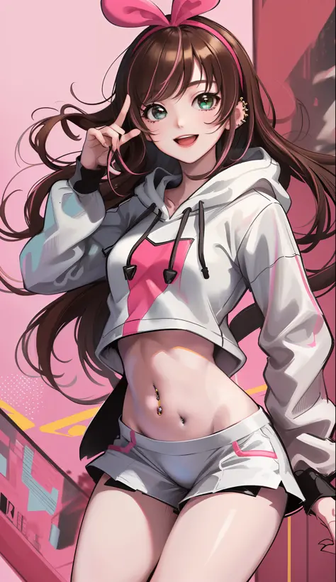 masterpiece, best quality, highres, 1girl, kizuna ai, small breasts ,long hair, brown hair, multicolored hair, floating hair, pi...