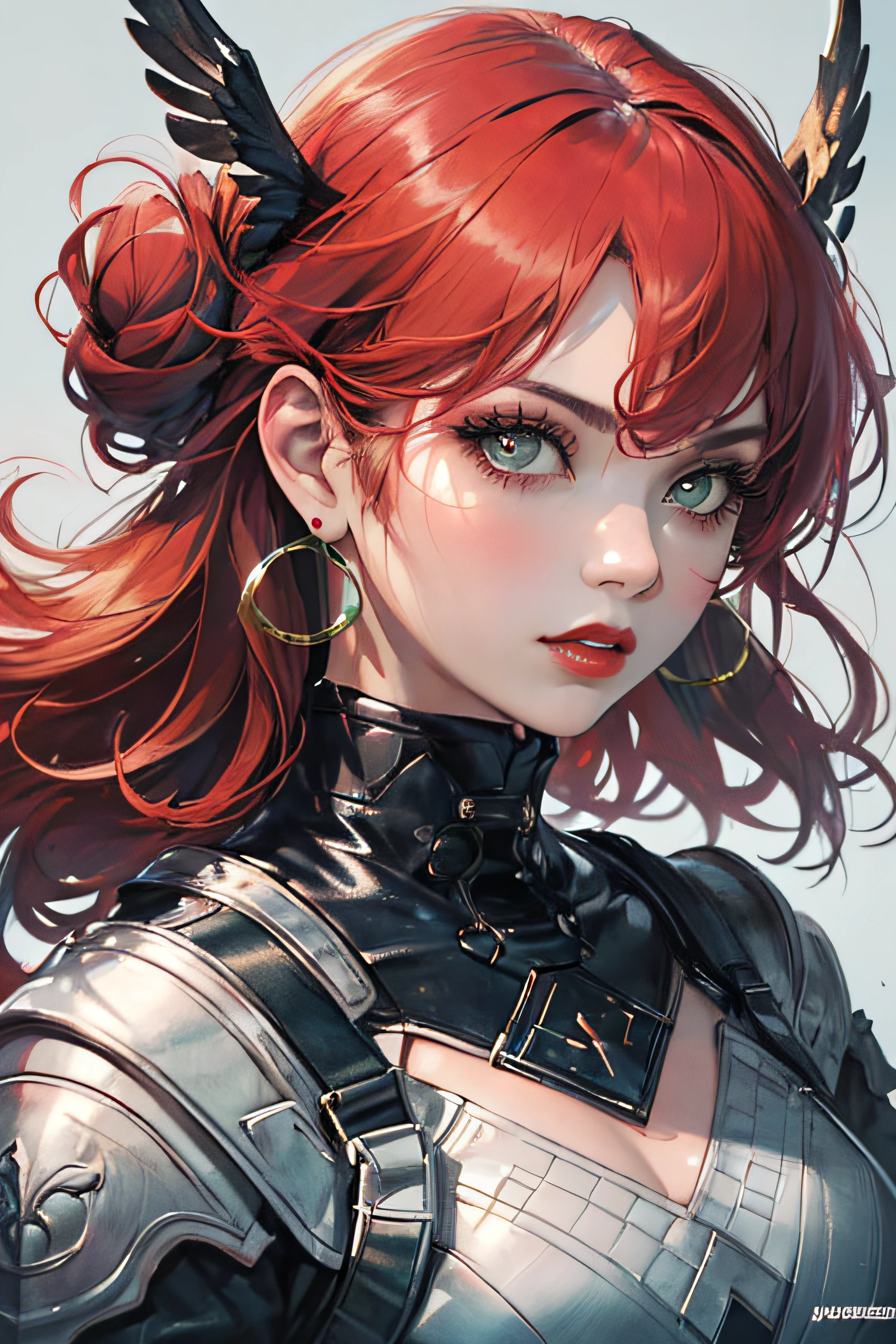 (masterpiece, top quality, best quality, official art, beautiful and aesthetic:1.2), (1girl:1.3), Charmer, Tall, Slim, Oval Face, Olive Skin, Red Hair, jade Eyes, Straight Nose, Pouty Lips, Prominent Chin, Shoulder-Length Hair, Curly Hair, High Messy Bun, round breasts, Dangle earrings, green, sheer lipstick, A woman with a sleek pixie cut and dressed in a futuristic and futuristic outfit, looking at viewer,close-up, limited palette, low contrast,