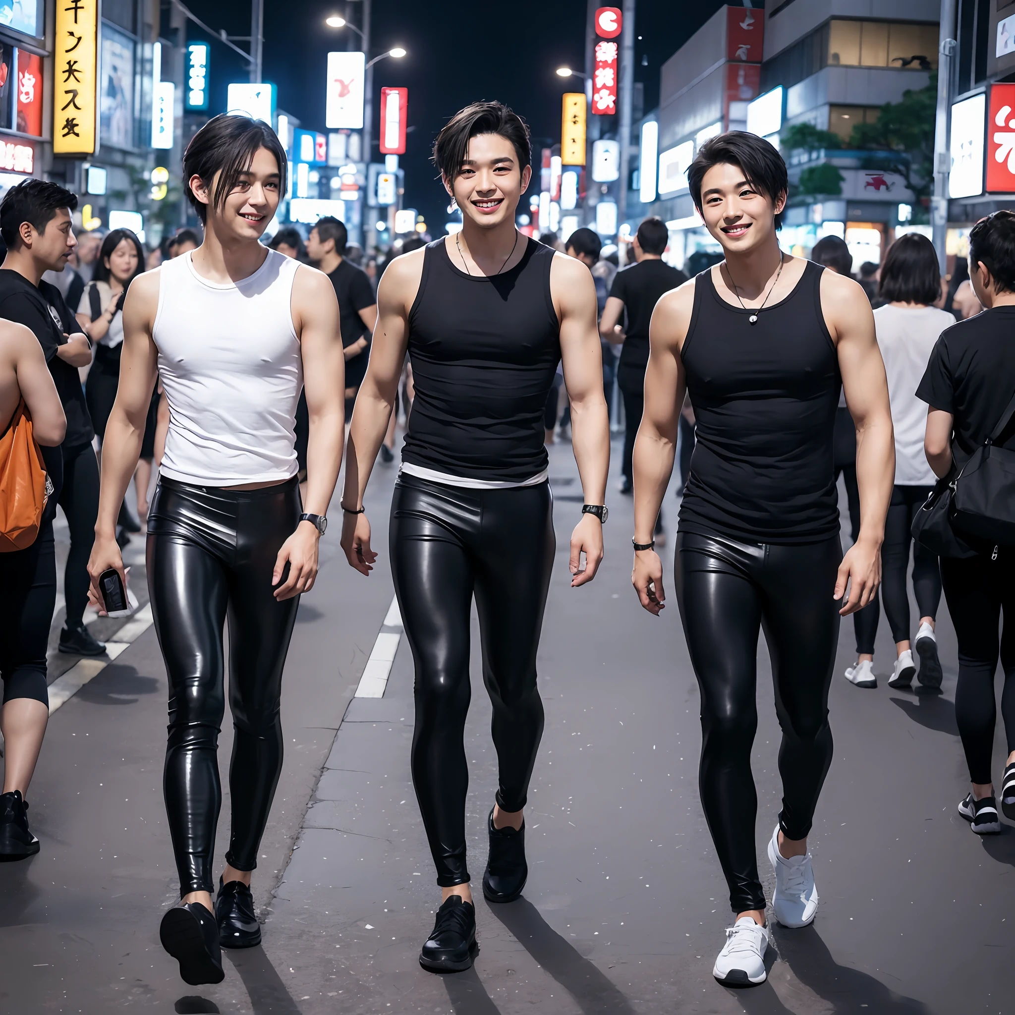 Three men in black leather pants walking down a street at night - SeaArt AI