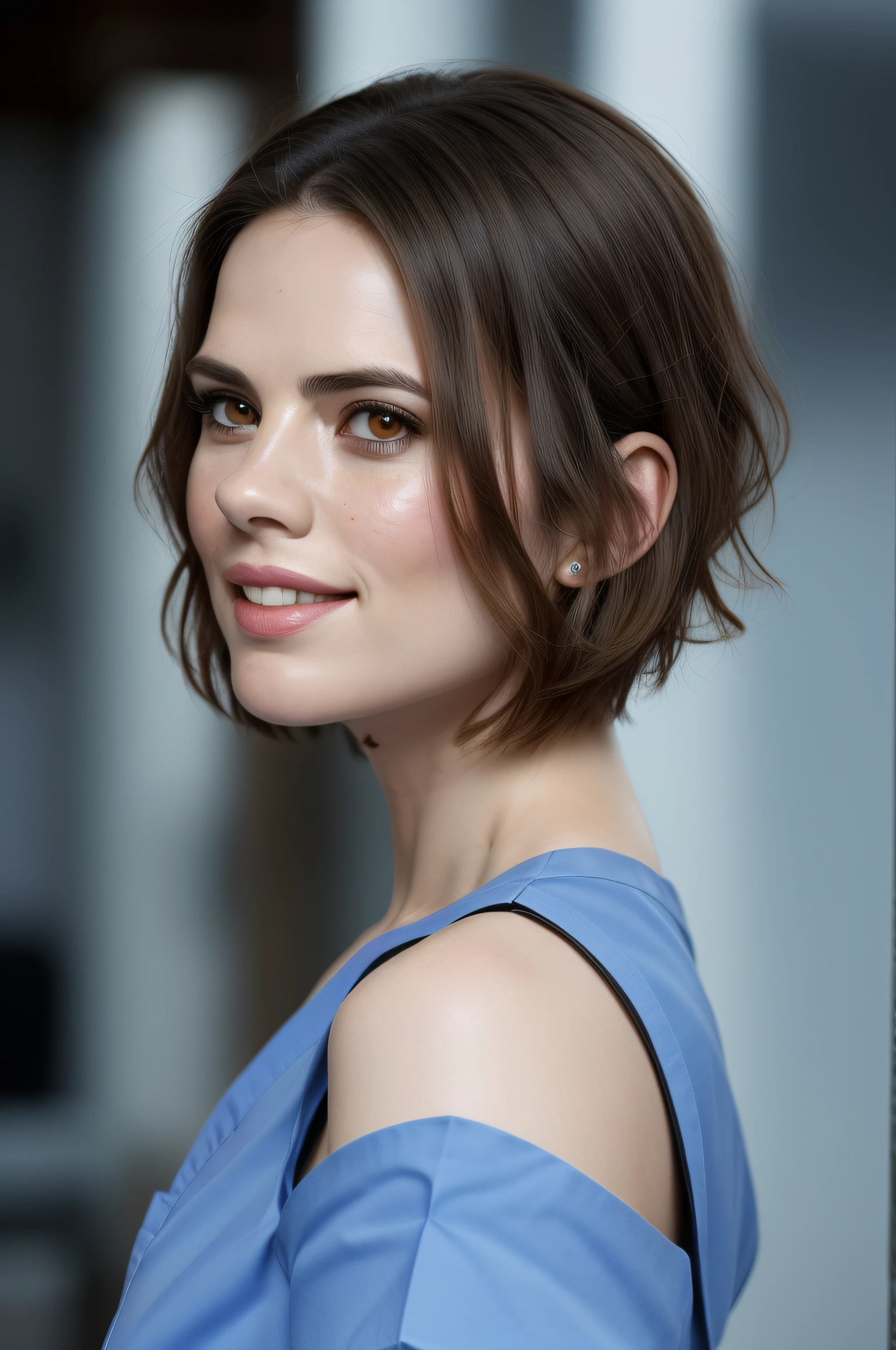 Beautiful woman, Hayley Atwell, sitting, wearing (light blue hospital scrubs), white shoes, beautiful legs, (very short hair::1.3), detailed eyes, (detailed realistic face), (skin texture), no makeup, freckles, blush,very  pale skin, confident smile, (head tilted to side::1.3), highly detailed, candid style, (extremely detailed CG unity 8k wallpaper), (whole body shoot::1.4), photo of the most beautiful artwork in the world, hospital, fashion top model, trending on ArtStation, trending on CGSociety, Intricate, High Detail, Sharp focus, dramatic, photorealistic painting art by midjourney