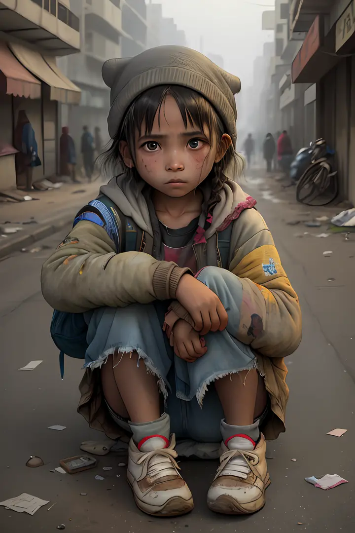 A young girl who drinks poverty in very tattered clothes, sells matches on a cold night, well, pitiful eyes, on the street, tatt...