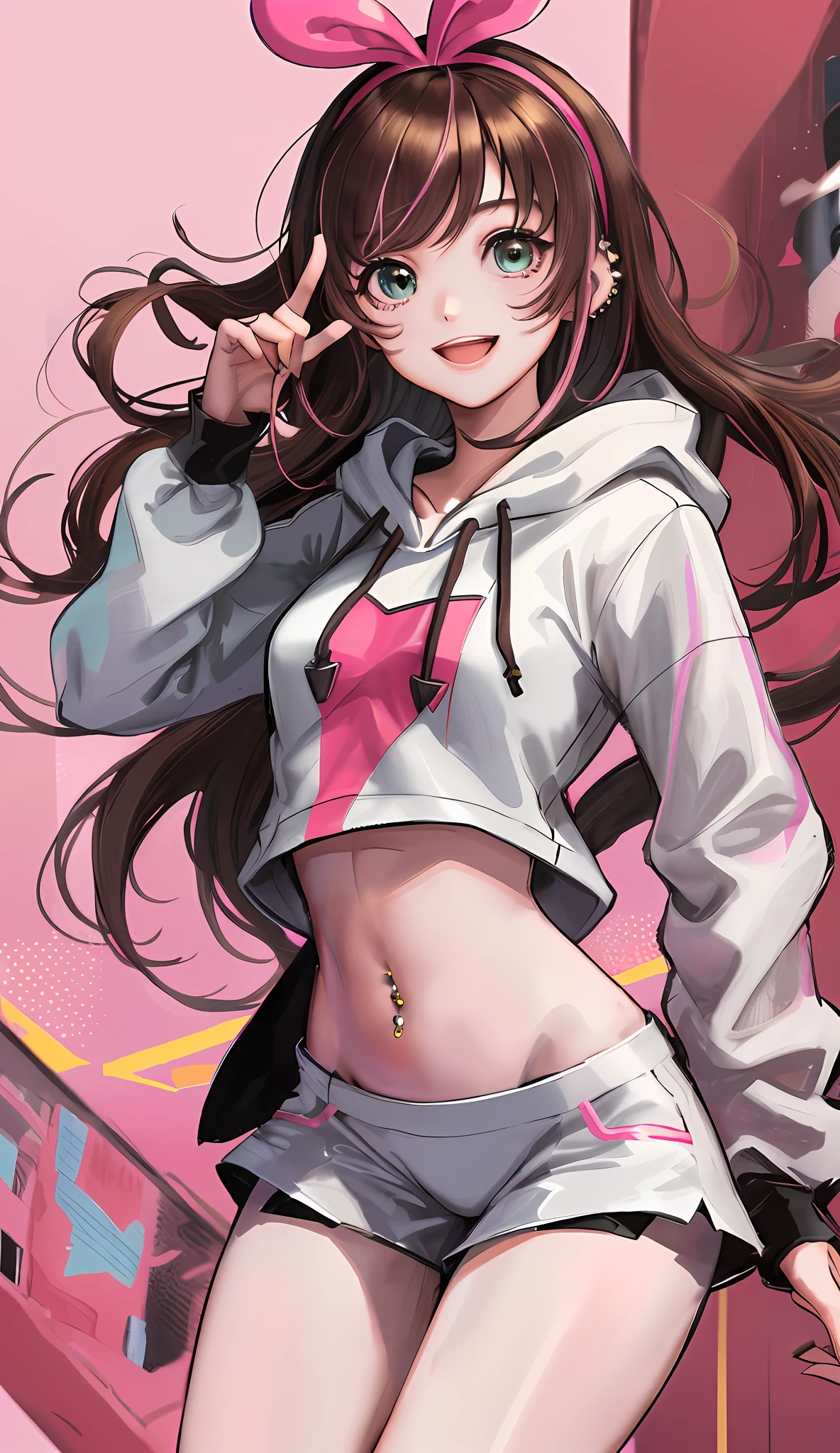 masterpiece, best quality, highres, 1girl, kizuna ai, small breasts ,long hair, brown hair, multicolored hair, floating hair, pink hairband, pink highlights, streaked hair, smiling, crop hoodie, navel, shorts, sneakers, navel piercing, thong panties