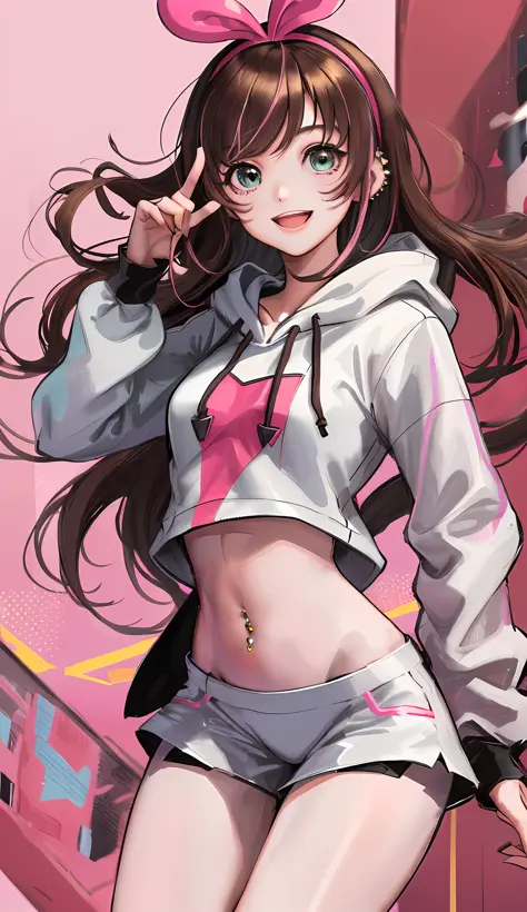 masterpiece, best quality, highres, 1girl, kizuna ai, small breasts ,long hair, brown hair, multicolored hair, floating hair, pi...