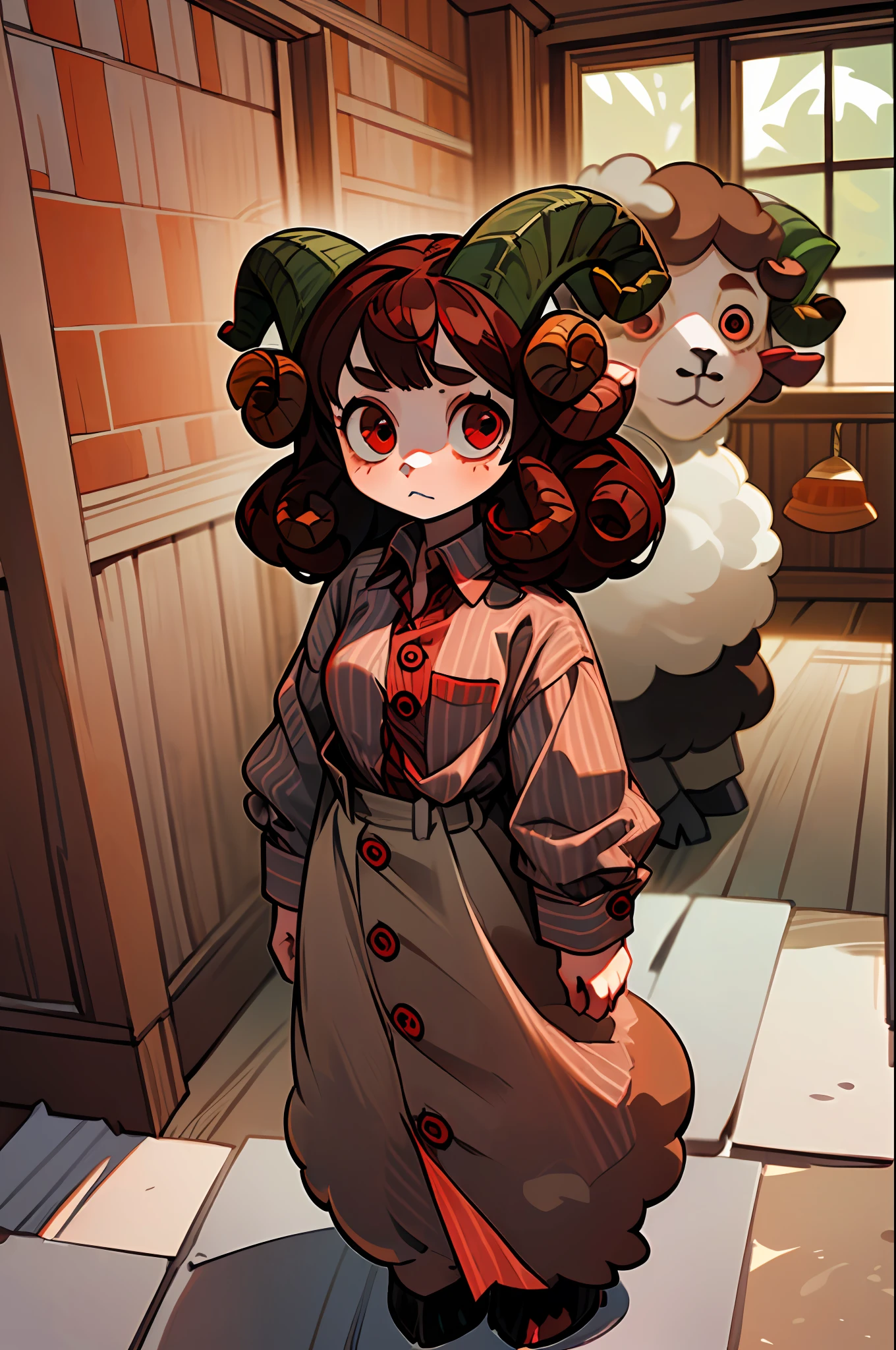 ((Full body):1.5),((8-year-old girl /with sheep horns):1.5) ,((brown curly hair):1.2), (wearing red striped button-down shirt:1.4), ((red eyes):1.3), looking at the viewer, in an (old/rustic house),4k,large hips