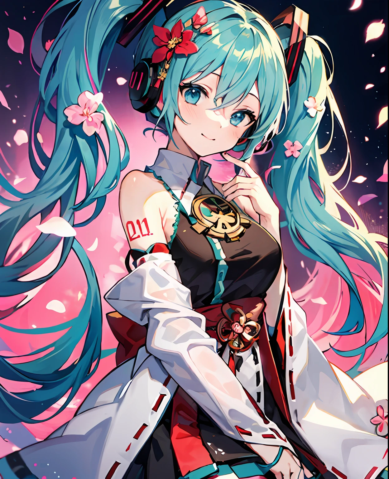 A close up of a anime character with long blue hair（hatsune miku) - SeaArt  AI