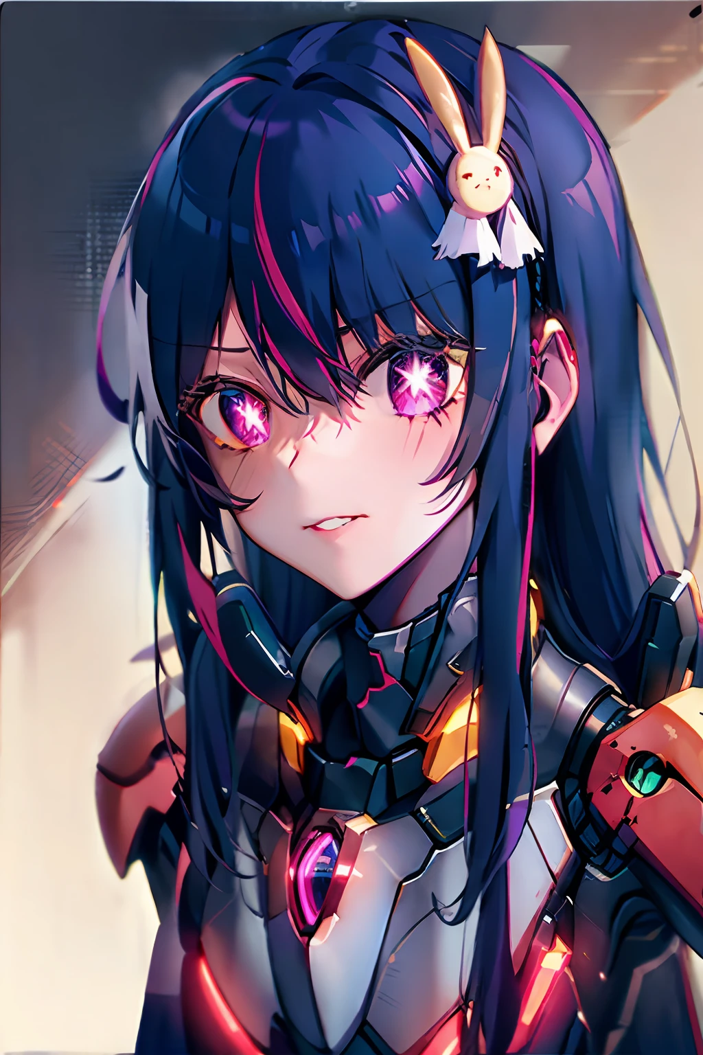 robot cyborg Hoshino Ai, cheveux longs, cheveux violets, cheveux méchés ,yeux violets, pupilles en forme d&#39;étoile, ornement de cheveux,