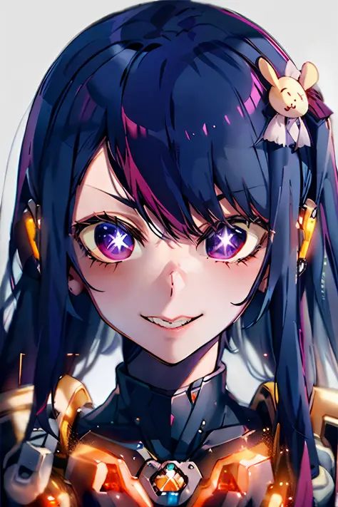 robot
cyborg  hoshino ai, long hair, purple hair, streaked hair ,purple eyes, star-shaped pupils, hair ornament,