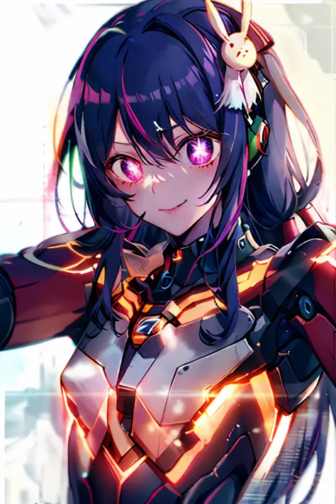 robot
cyborg  Hoshino Ai, long hair, purple hair, streaked hair ,purple eyes, star-shaped pupils, hair ornament,