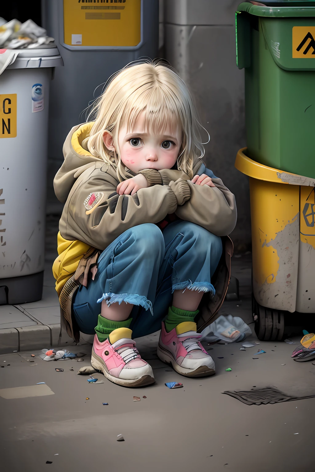 A  in very tattered clothes and poor, squatting on the ground selling matches in the cold night, well, poor eyes, on the street, tattered shoes, dirty, a lot of dust, next to a super huge cute yellow-haired cat to accompany her, next to the garbage can, dirty street, garbage truck