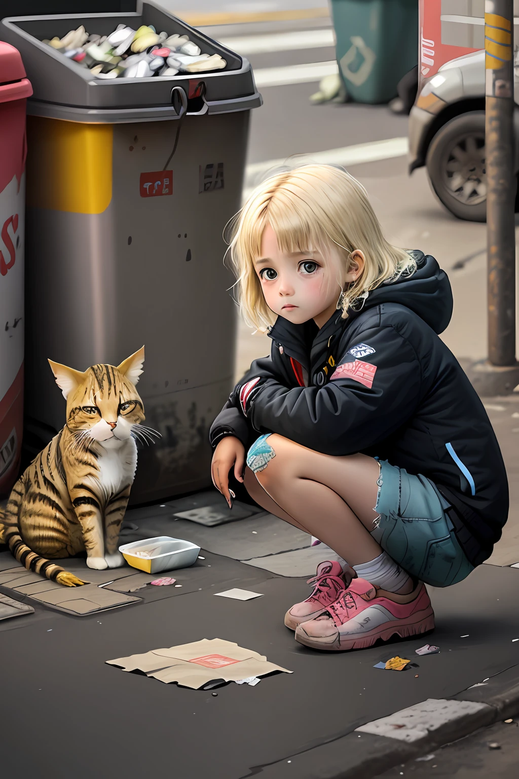 A  in very tattered clothes and poor, squatting on the ground selling matches in the cold night, well, poor eyes, on the street, tattered shoes, dirty, a lot of dust, next to a super huge cute yellow-haired cat to accompany her, next to the garbage can, dirty street, garbage truck