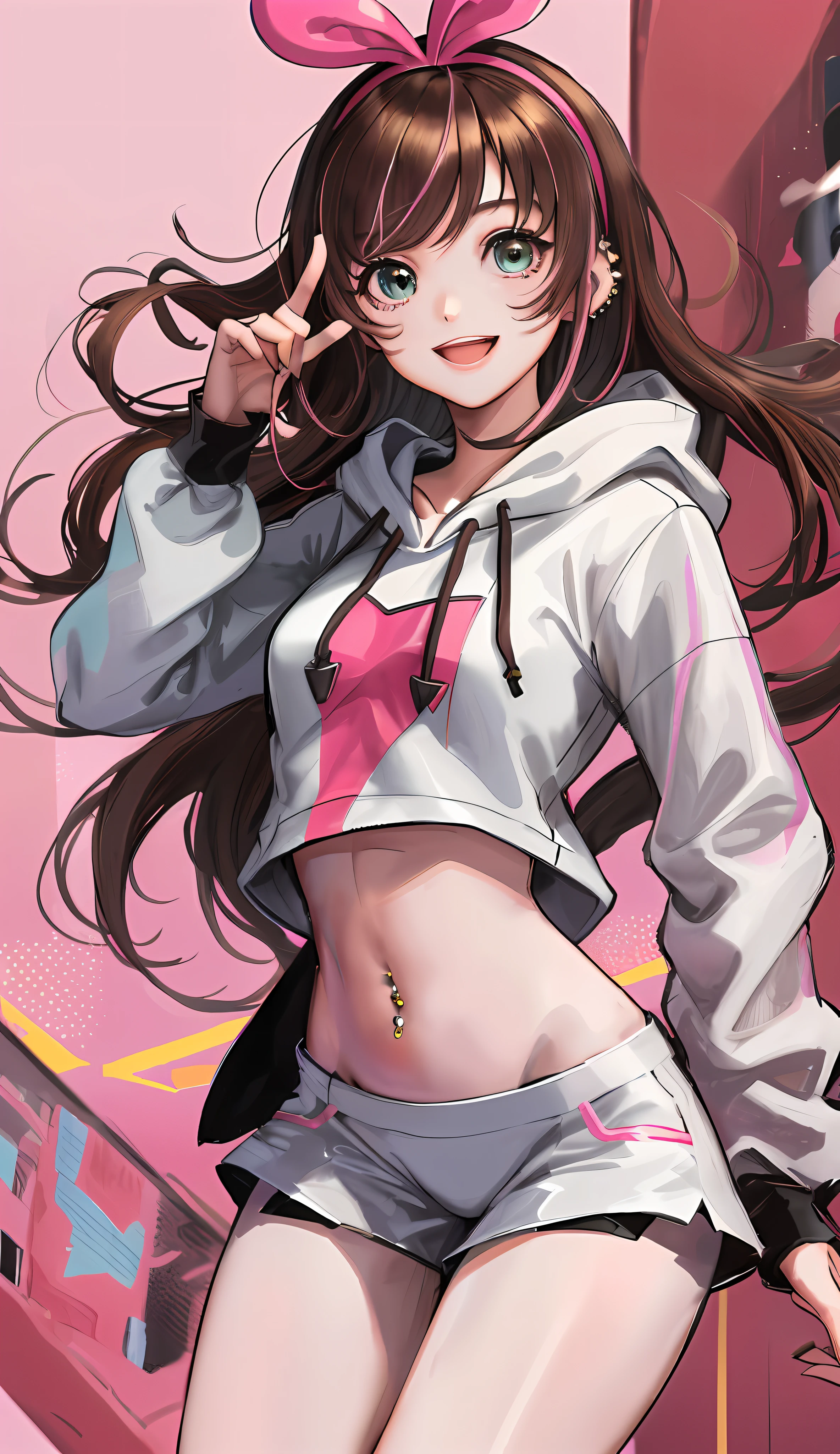 masterpiece, best quality, highres, 1girl, kizuna ai, small breasts ,long hair, brown hair, multicolored hair, floating hair, pink hairband, pink highlights, streaked hair, smiling, crop hoodie, navel, shorts, sneakers, navel piercing, thong panties