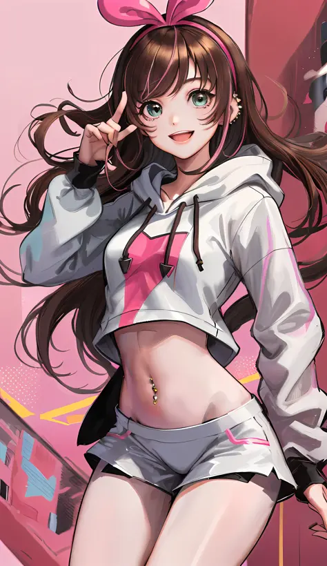 masterpiece, best quality, highres, 1girl, kizuna ai, small breasts ,long hair, brown hair, multicolored hair, floating hair, pi...