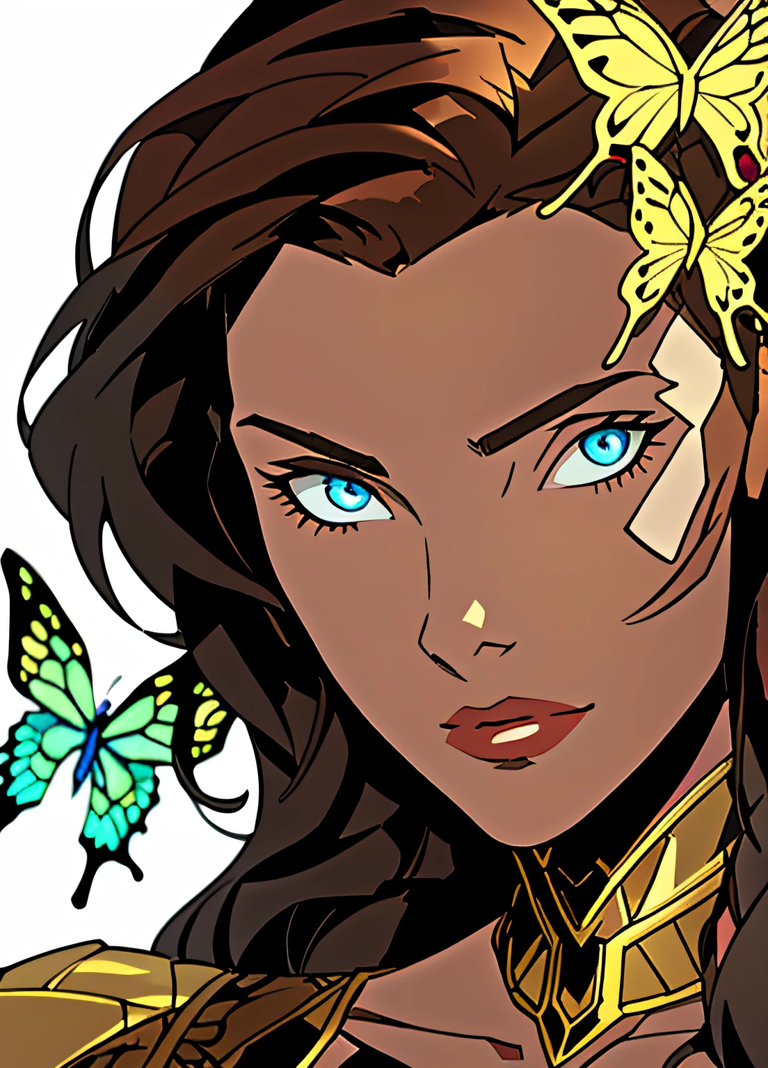 Porträt eines schönen Cyborgs mit braunen Haaren, kompliziert, elegant, sehr detailliert, majestätisch, goldenes Schmetterlingsfiligran, Glasscherben, (Meisterwerk, Seitenlicht, fein detaillierte schöne Augen: 1.2), 1 Mädchen,