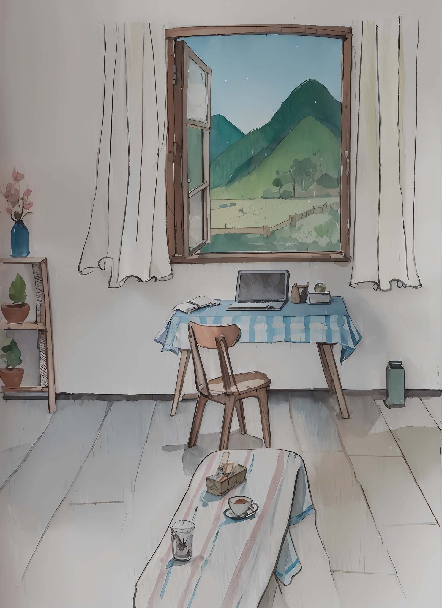 there is a room with a table and a window, a room, sitting in rural living room, apartment of an art student, aquarel painting, studio landscape, detailed digital painting inspired by Harriet Backer, cozy place, an interior of room, indoor scene, digital art, stable diffusion, afternoon hangout