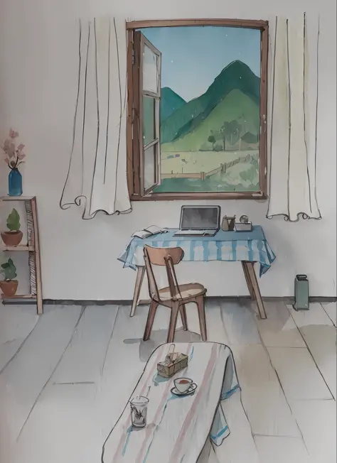 there is a room with a table and a window, a room, sitting in rural living room, apartment of an art student, aquarel painting, ...