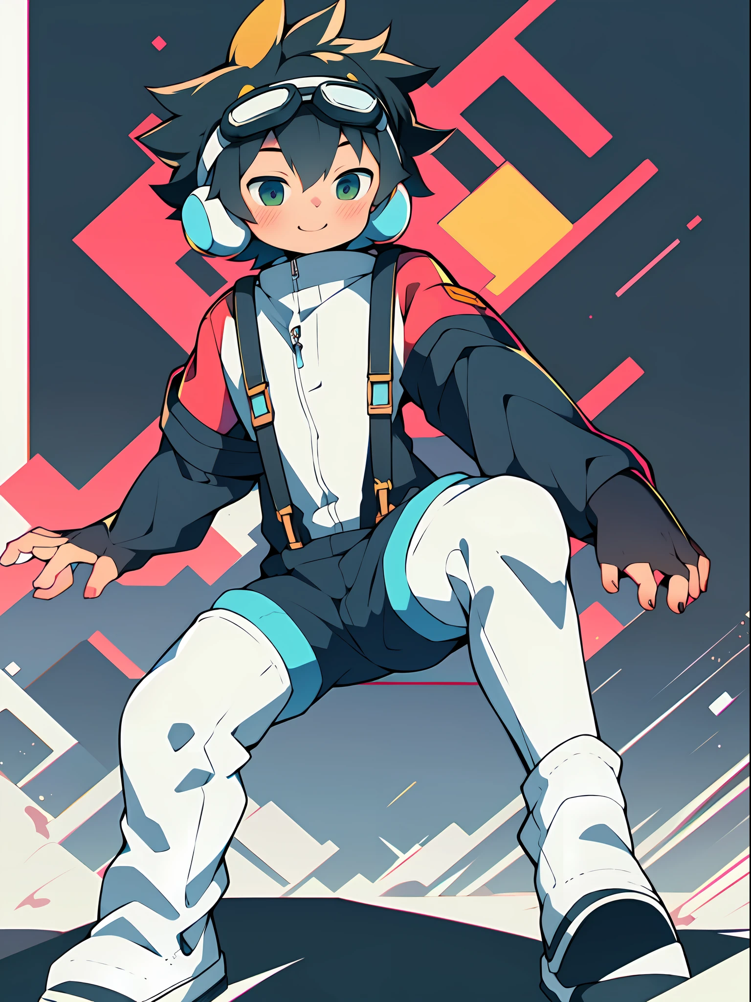 Cartoon boy Shota Shota wearing ski suit, suspenders, full-body photo, leg loops, white tights, goggles, cute, overalls, open arms hugs, happy