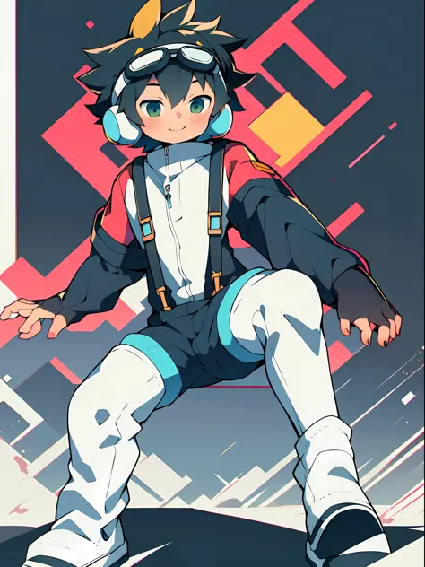 Cartoon boy Shota Shota wearing ski suit, suspenders, full-body photo, leg loops, white tights, goggles, cute, overalls, open ar...
