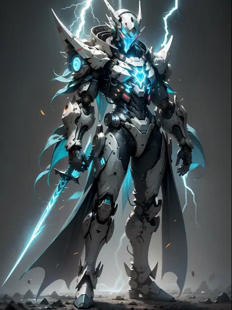 blue ghost hunter, super cool ghost killer, wearing blue mechanical armor, lightning surrounding, katana held, standing frontal,...