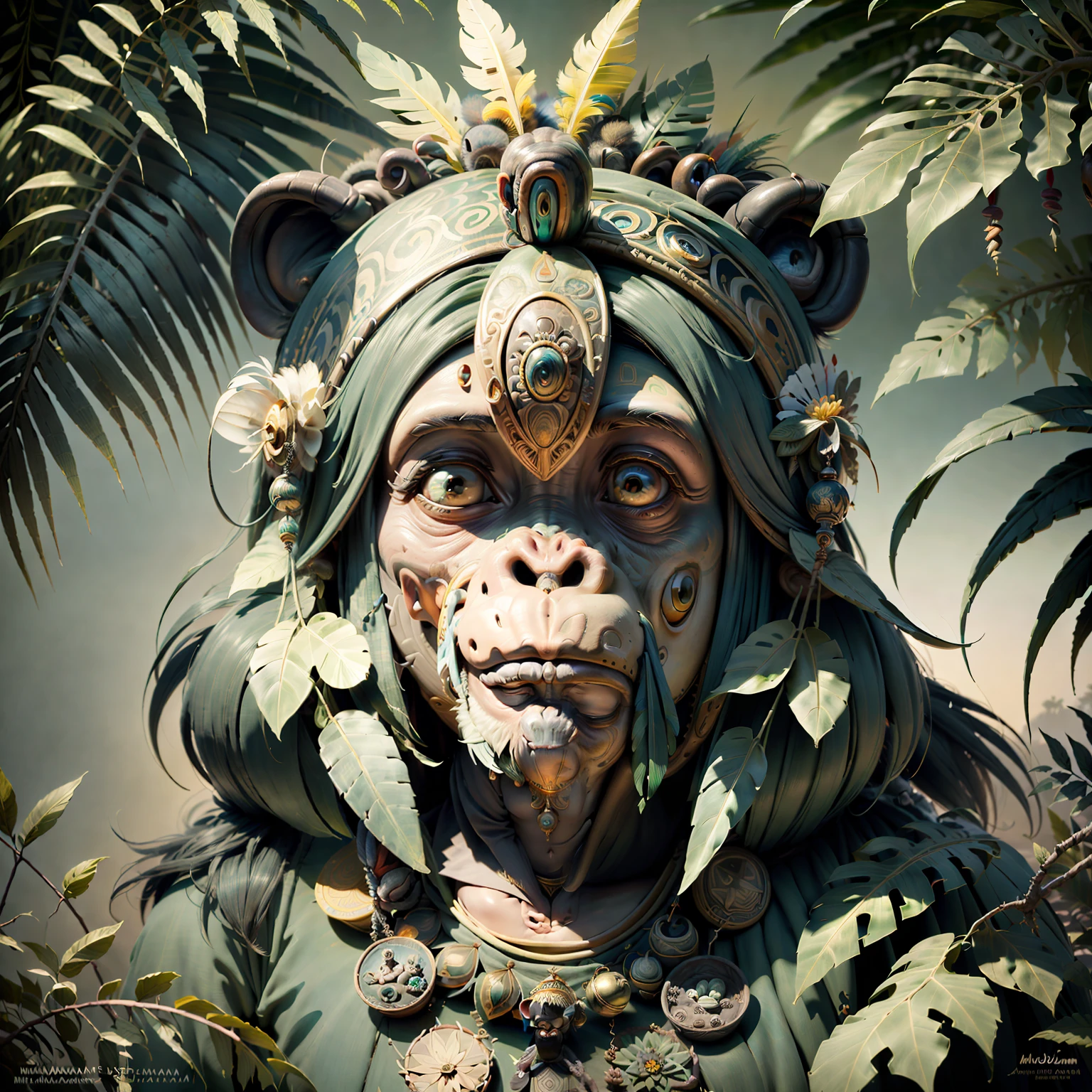 Cheerful Chimpanzee Head ((Shaman)),((meditative state),,Shaman, elegant chimpanzee, hair with details, with Indian headdress on head, ((meditating)) many colorful feathers, colored feathers, facing the camera, detail: dense tropical foliage, highly detailed intricate, ((masterpiece)), ultra hyperrealistic, masterpiece