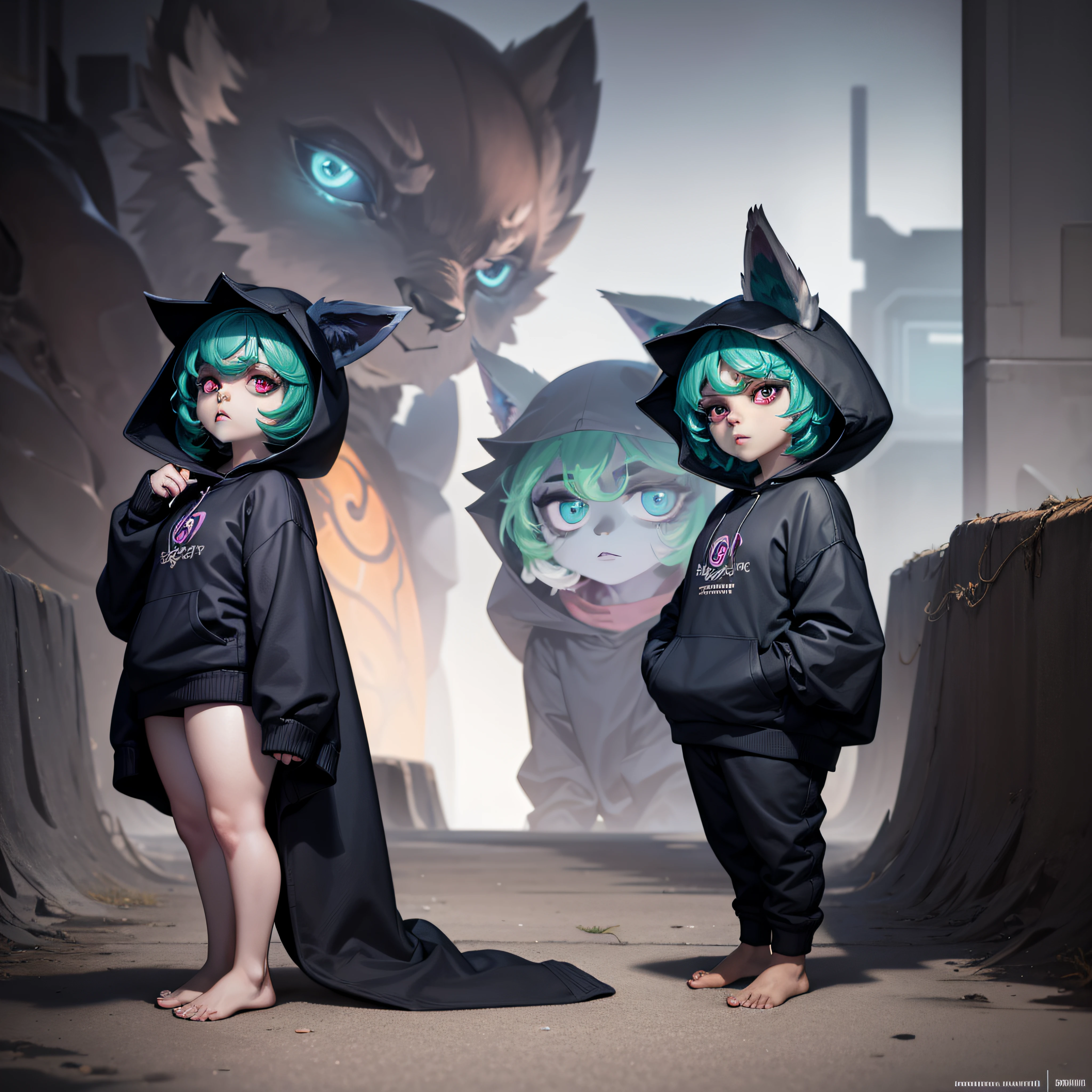 Short Woman, Short Hair With Colored Tips, Big Eyes, Expressionless Look, Looking Viewer, Wolf Ears, Big Black Sweatshirt, Tight, Hooded, Covering Hand, Showing Silhouette of Body Curves, Full Body, Gray Skin, Standing Body Pose, Barefoot, High Quality, Bottom View, 8k